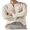 Men's long-sleeve casual linen shirt with V-neck and chest pocket for beach wear - Khaki