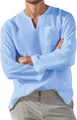 Detail view of a light blue long-sleeved linen shirt for men with a sporty V-neckline - S / Tops / Light Blue