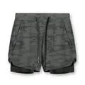 Men's 2-in-1 camouflage sports shorts for running and gym in dark grey camo pattern. - Grey Camouflage