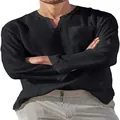 Classic men's black long-sleeve V-neck linen shirt with chest pocket detail - S / Tops / Black