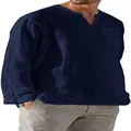 Detail view of men's navy blue linen shirt featuring a relaxed V-neck and long sleeves - S / Tops / Navy Blue