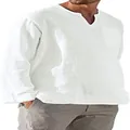 Detailed view of men's white linen V-neck long sleeve shirt with chest pocket - S / Tops / White