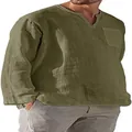 Detail view of men's olive green long sleeve V-neck casual linen shirt for beachwear - Army Green