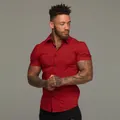 Men's slim fit athletic muscle stretch short sleeve button down shirt in vibrant deep red - M / Tops / Burgundy