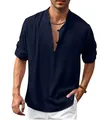 Navy blue men's linen Henley shirt with stand collar, long sleeves for casual beach wear - Navy Blue