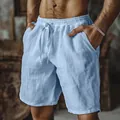 Detail of men's breathable light blue cotton linen drawstring shorts for summer beach. - 3XL / Bottoms / Light Blue