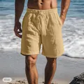 Men's khaki linen drawstring shorts, breathable casual beachwear style for summer - 3XL / Bottoms / Khaki Solid