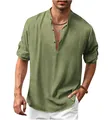 Close-up of olive green linen Henley shirt with stand collar and buttoned placket - Green