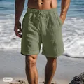 Close-up view of casual men's green cotton linen beach shorts with drawstring waist - 3XL / Bottoms / Army Green