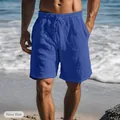Detail view of men's navy blue cotton linen shorts with a drawstring elastic waist. - 3XL / Bottoms / Navy Blue