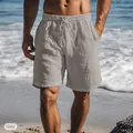 Detail view of men's breathable linen shorts with drawstring waist on beach - 3XL / Bottoms / Gray Plain