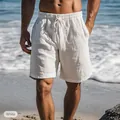 Premium men's white cotton linen beach shorts with drawstring elastic waist on model - 3XL / Bottoms / White