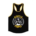 Front view of men's black racerback fitness tank top with yellow trim and graphic - M / Tops / Black with Yellow Edge Yellow Text White Graphic