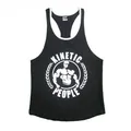 Detailed view of men's black fitness gym stringer with white Kinetic People graphic print - M / Tops / Black with White Edge and White Graphic
