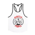 Close-up of white cotton gym tank top with muscle man graphic and black trim - M / Tops / White with Black Edge and Red Graphic