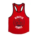 Red men's gym stringer vest with black trim and KINETIC graphic print - M / Tops / Red with Black Edge White Text Black Graphic