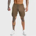 Men's brown quick-dry fitness training shorts with elastic waist and drawstring detail - M / Bottoms / Khaki