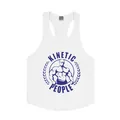 Detailansicht eines weißen Sport-Tanktops aus Baumwolle mit blauem Muskelgrafikdruck - M / Oberteile / Reinweiß mit blauer Grafik