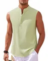 Détail d'une chemise sans manches vert pistache pour homme avec col montant et texture - Vert Herbe