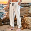 Detailed view of men's striped linen pants on beach, loose breathable casual trousers. - S / Bottoms / White