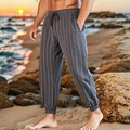 Detail of striped linen-style men's casual trousers with drawstring and elastic cuffs. - S / Bottoms / Dark Gray