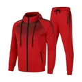 Men's red hooded tracksuit set with black geometric honeycomb pattern print details - M / Top And Bottom / Red