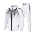 Men's white two-piece tracksuit set with a detailed black hexagonal pattern print. - M / Top And Bottom / White
