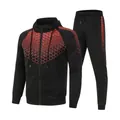 Men's black two-piece tracksuit set featuring red geometric honeycomb print details - M / Top And Bottom / Black (Red Print)