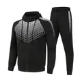 Detail of men's black tracksuit set with white geometric honeycomb print - M / Top And Bottom / Black (White Print)