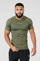 Detail shot of a men's olive green compression workout t-shirt featuring YoungLA branding. - M / Tops / Army Green