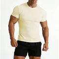 Close-up of cream muscle fit men's cotton gym T-shirt with raglan sleeves and round neck. - Creamy Yellow