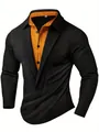 Detalle de polo de manga larga de punto gofrado para hombre con cuello en contraste - S / Tops / Negro