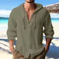 Chemise décontractée à capuche en coton et lin vert olive pour homme, style plage tendance - Vert Militaire