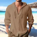 Chemise à capuche en coton et lin kaki pour hommes avec boutons pour tenue de plage - Brun Foncé