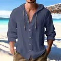 Chemise à capuche décontractée pour homme en coton et lin bleu ardoise à manches longues - Bleu marine