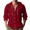 Chemise décontractée à capuche pour hommes en coton et lin rouge avec cordon et boutons - Rouge