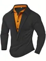 Polo de punto gofrado para hombre de manga larga con cuello en contraste y botones. - S / Tops / Gris oscuro