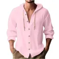 Chemise décontractée rose à capuche pour homme en coton et lin avec boutons et cordon - Rose