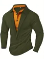 Primer plano de polo de manga larga de nido de abeja para hombre con cuello en contraste - S / Tops / Verde Militar