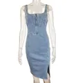 Close-up detail of a vintage wash denim dress featuring a U-neckline and front zipper closure - S / Actual Image Color / Blue