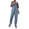 Full-length view of light blue denim overalls with deep V-neck and large front pockets. - S / Top And Bottom / Light Blue