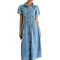 Elegant light wash denim shirt maxi dress with puff sleeves and cinched pleated waist - S / Tops / Blue