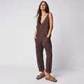 Full-length detailed view of chocolate brown V-neck denim jumpsuit with large functional pockets - S / Top And Bottom / Brown