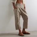 Stylish khaki cropped harem denim pants for women with high waist and decorative seams - S / Bottoms / Khaki