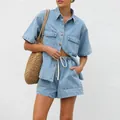 Stylish summer denim two-piece set with short sleeve shirt and drawstring shorts. - Light Blue Set