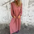 Full-length view of a rose pink V-neck maxi dress with elegant lantern sleeves - S / Top And Bottom / Pink