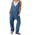 Fashionable loose V-neck denim overalls with large pockets and adjustable straps for women - S / Top And Bottom / Dark Blue
