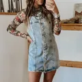 Close-up of retro washed denim dress with single-breasted buttons and floral mesh top - S / Tops / Light Blue