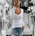 White U-neck slim fit waffle knit Henley shirt for women with sleeve button details - S / Tops / White