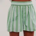 Detail of green and blue vertical striped cotton beach shorts with elastic waistband. - S / Bottoms / Green